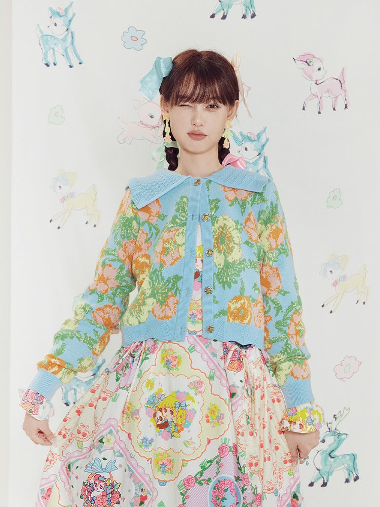 짧은 꽃 니트 자카드 카디건