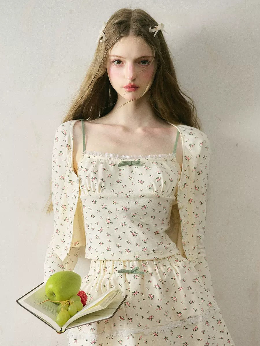 French Floral Girly Camisole & Cropped Cardigan & Skirt