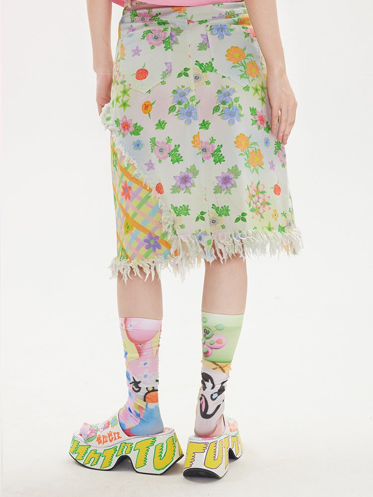 Nähte Blume Plaid A-Line-gedruckter Rock