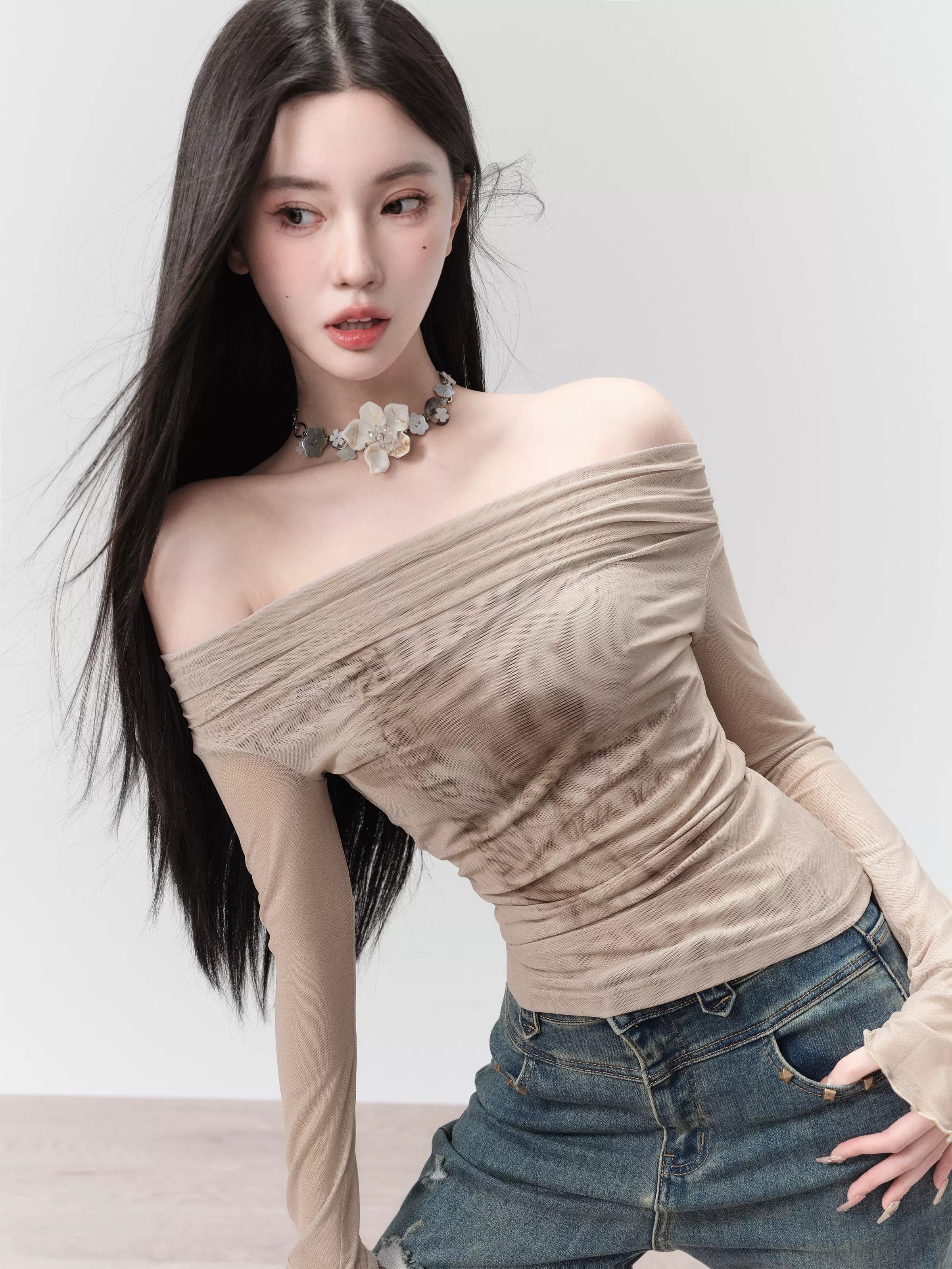 Off-shoulder Print Slim Long Sleeve Mesh T-shirt
