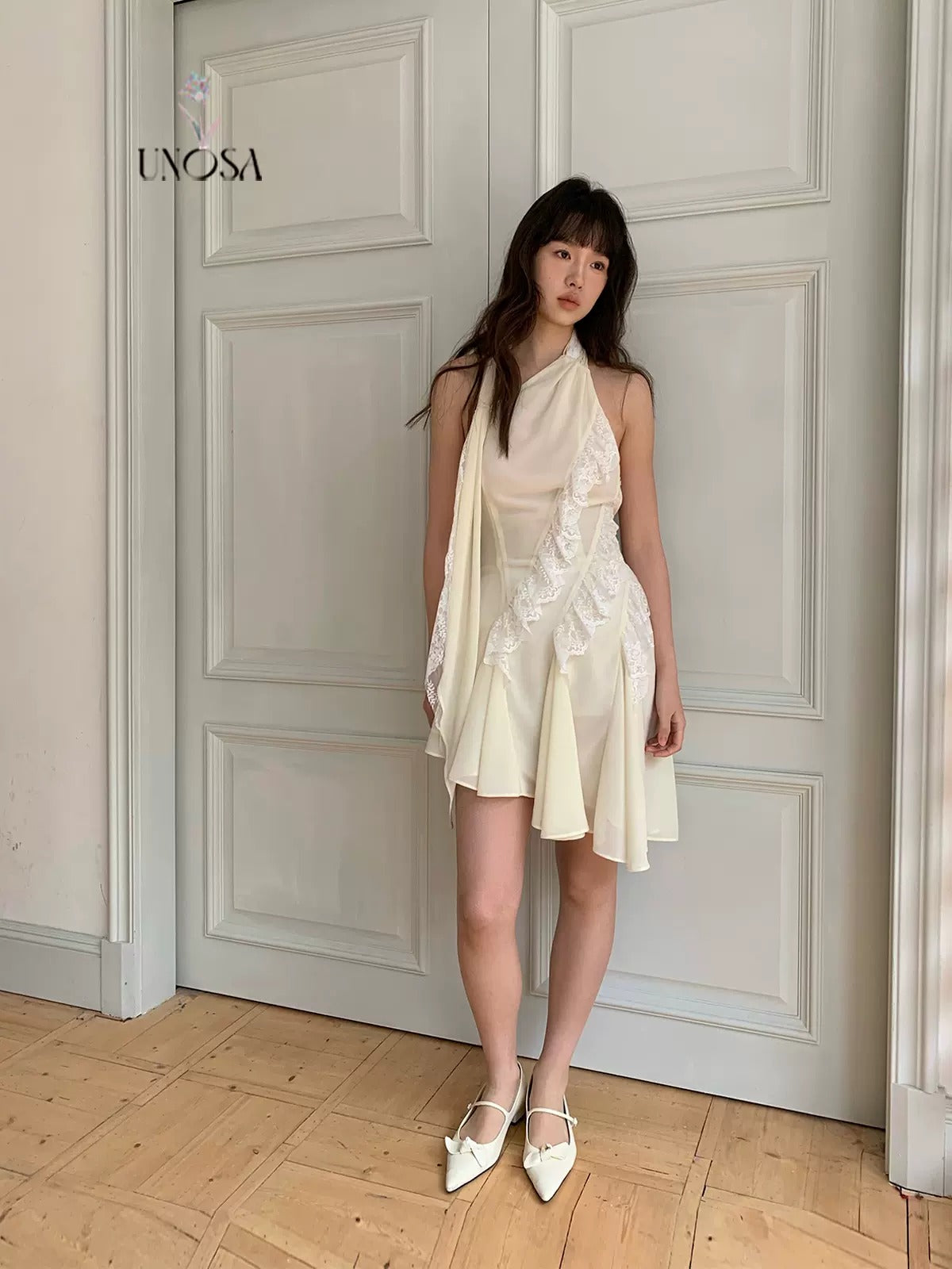 Ribbon Irregular Diagonal Lace Halterneck Chiffon Dress