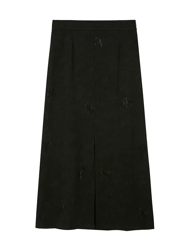 Ribbon Print Round Neck T-Shirt & Fit Slit Long Skirt