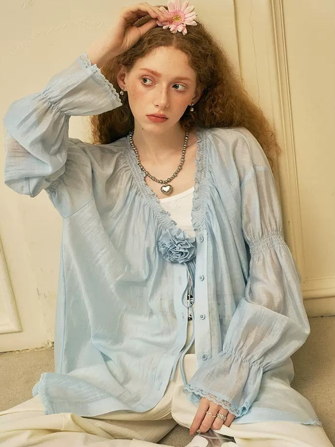 Gather V-Neck Lace Stitching Sheer Shirt