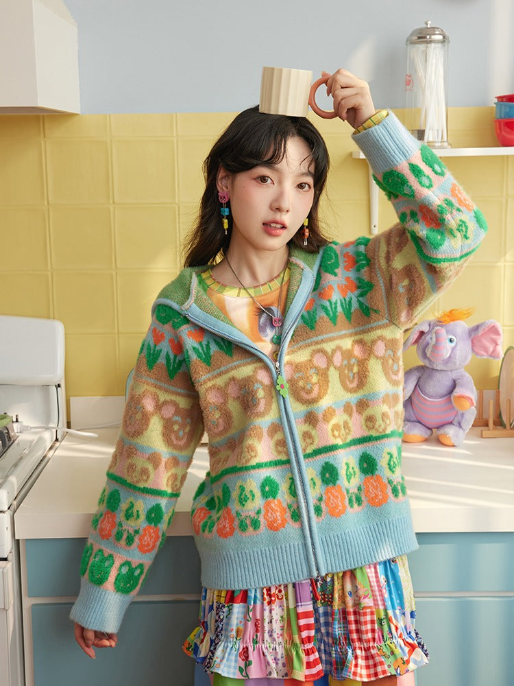 Colorful Border Knitted Hooded Zipper Cardigan
