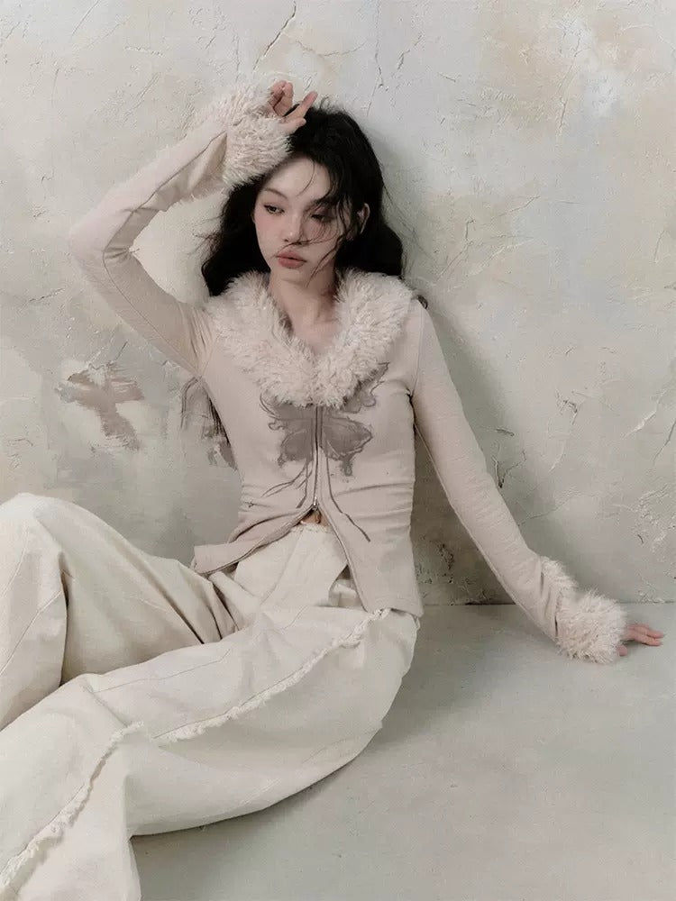 Pelzkragen Zip-up-Top & Pelzstichrock