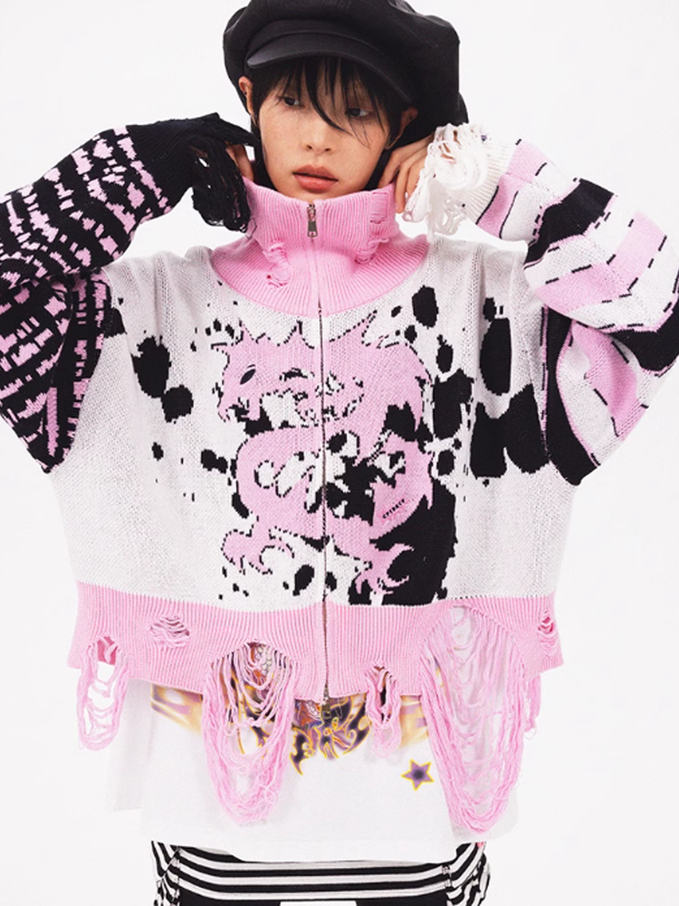 High-Neck Damage Border Punk Fancy Knit