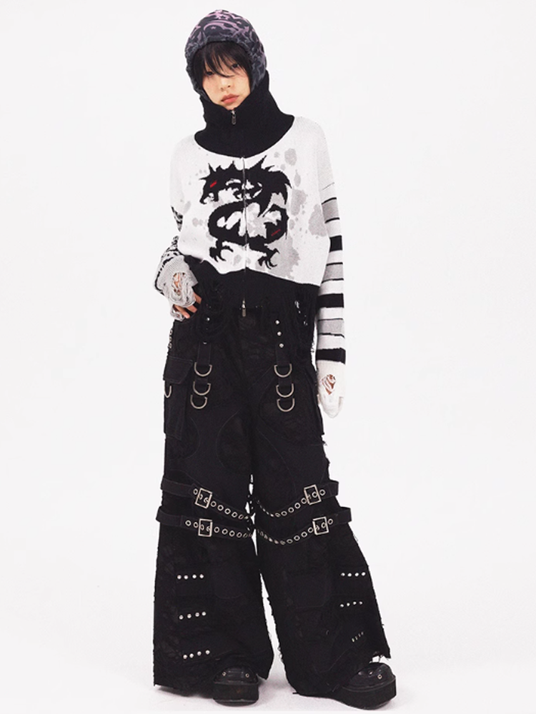 High-Neck Damage Border Punk Fancy Knit