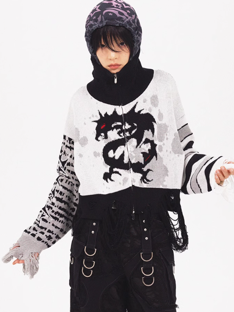 High-Neck Damage Border Punk Fancy Knit