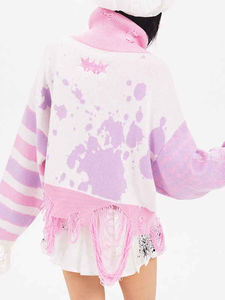 High-Neck Damage Border Punk Fancy Knit
