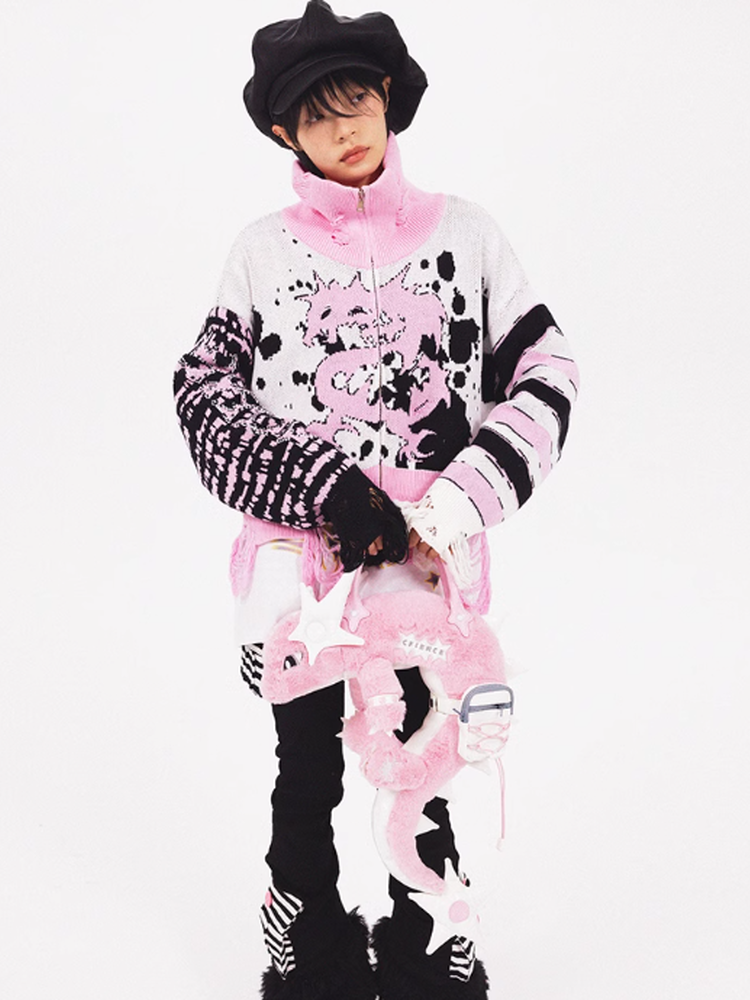 High-Neck Damage Border Punk Fancy Knit