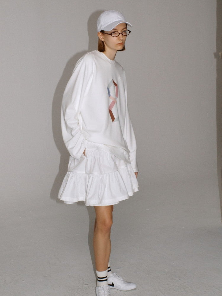 대형 간단한 그래픽 승무원 긴 T- 셔츠