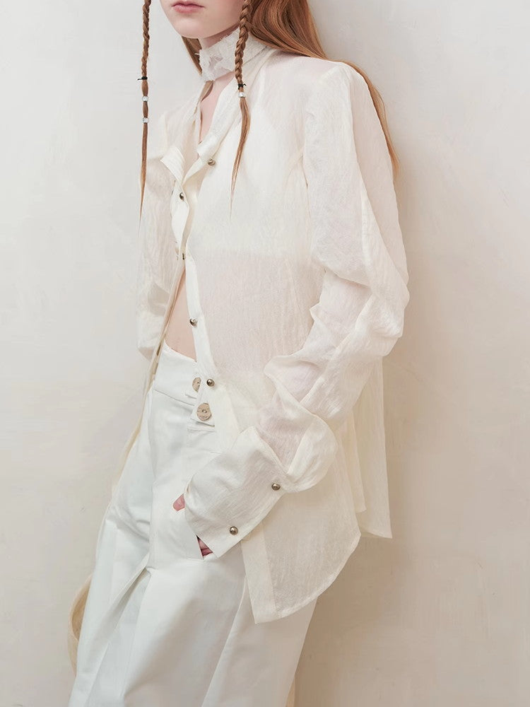 Oversize Wrinkled Sheer Chic Long-Scarf&Shirt
