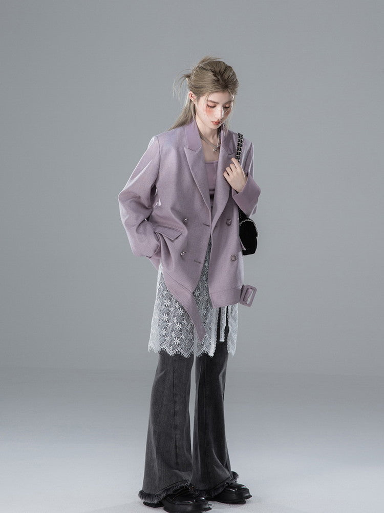 Denim Fower Wrap Cut-Off Slim Flare-Pants&Lace-Skirt