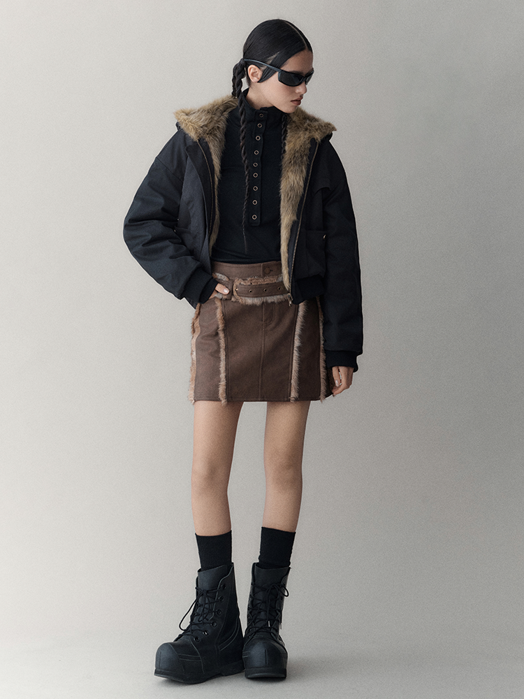 Leather&Fur Short Nichi Trapezoid Mini-Skirt
