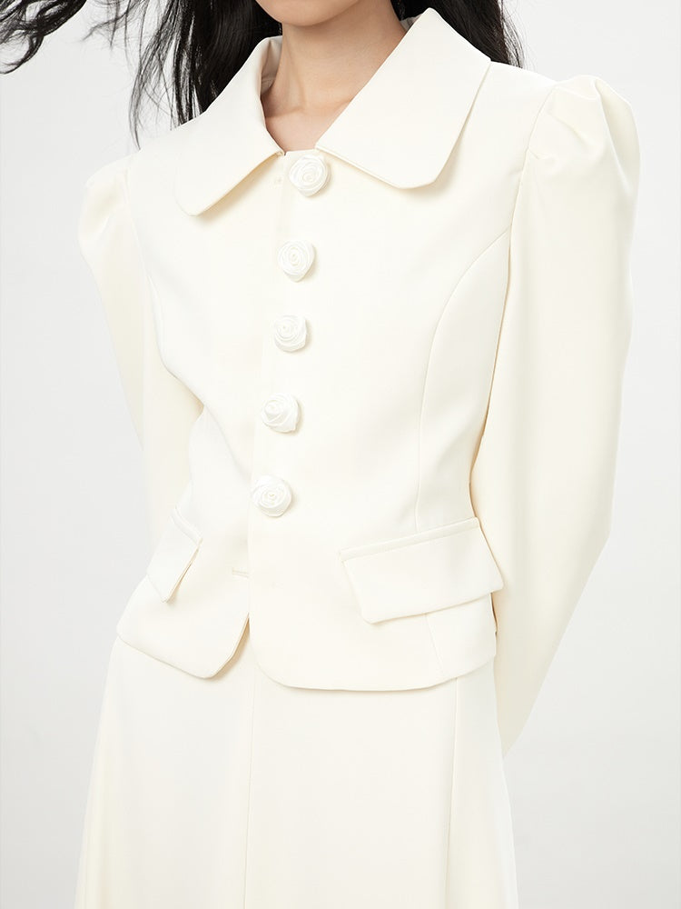 Power-Shoulder Big-Button Suit Plain Jacket&Long-Skirt