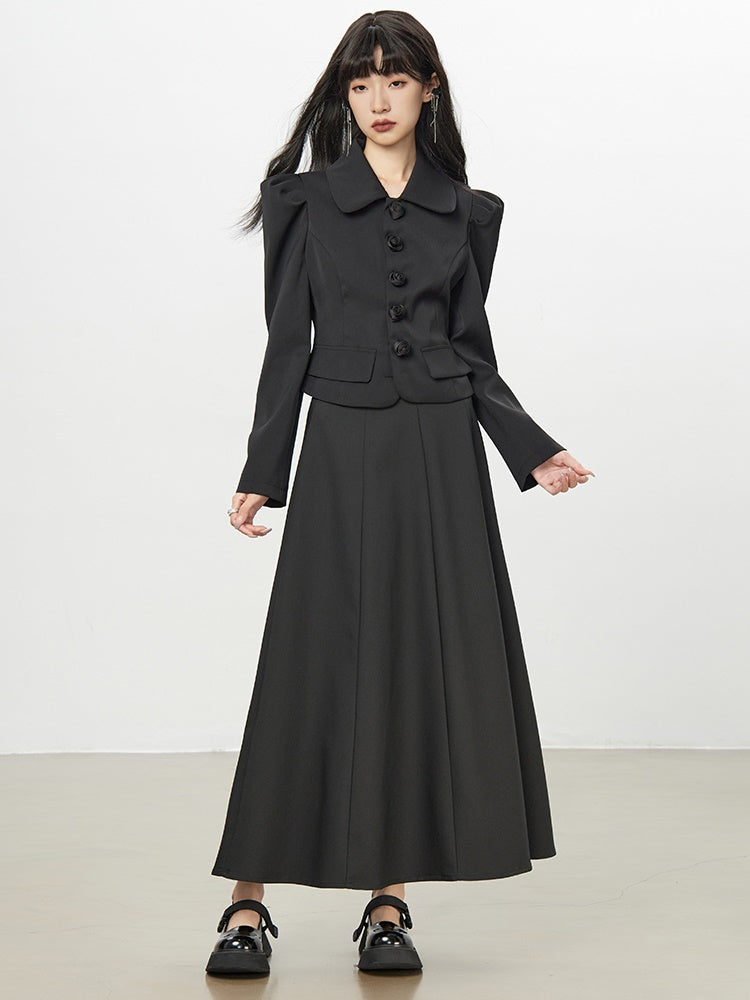Power-Shoulder Big-Button Suit Plain Jacket&Long-Skirt