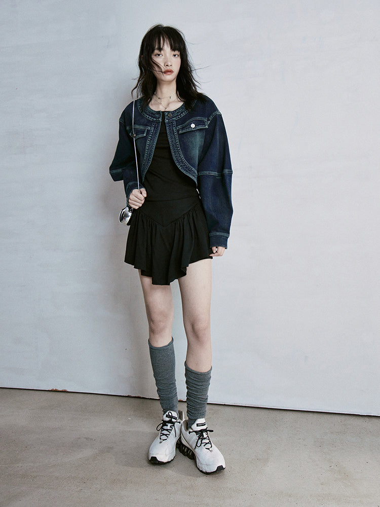 퇴색된 노칼라 빈티지 레트로 캐주얼 데님 재킷