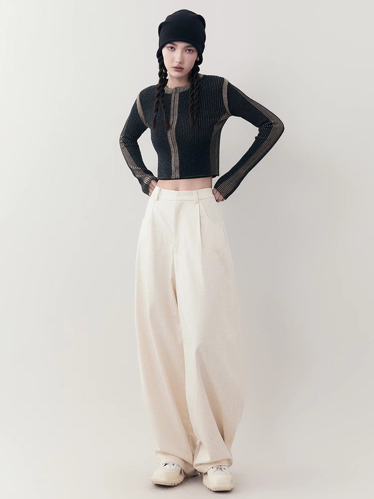 ZIP Slim Bi-Color Chic bescheidener Rib-Knochen-Knoten-Crew-Hals