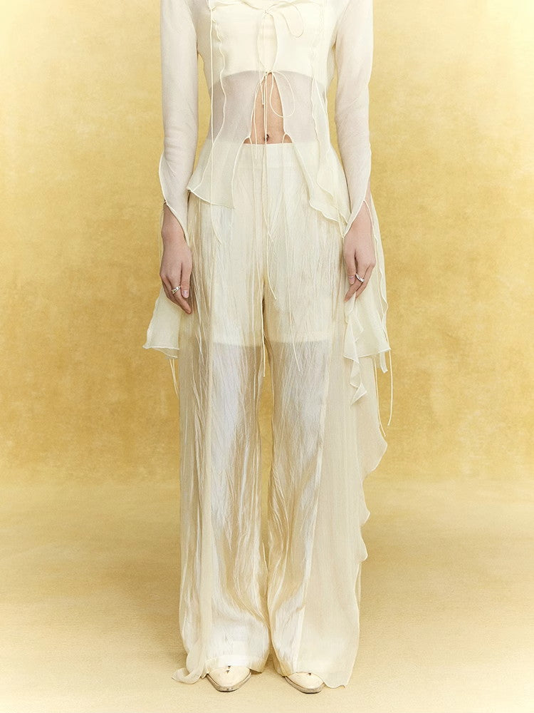 Wrinkled Sheer Frill Asymmetry Straight Wide-Pants