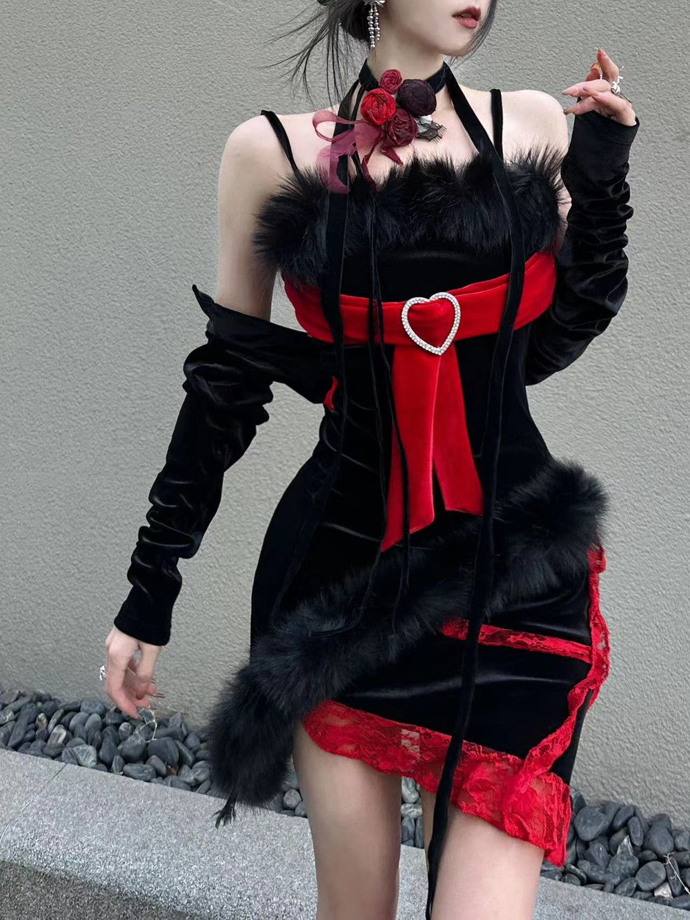 Camisole&Skirt Asymmetry Fur Bijou Heart Nichi Sexy Set-Up