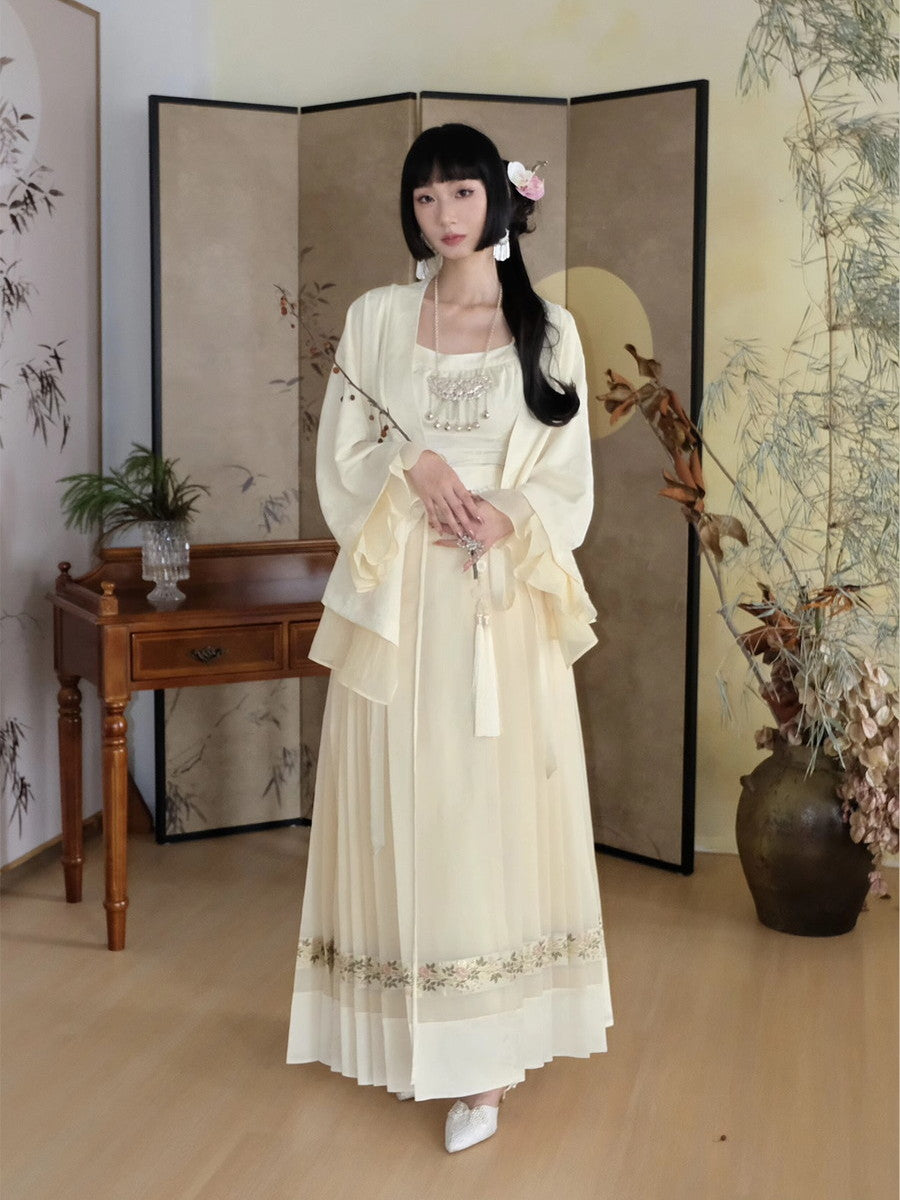 Embroidery Flowr Retro Sheer Box-Pleats Long-Skirt