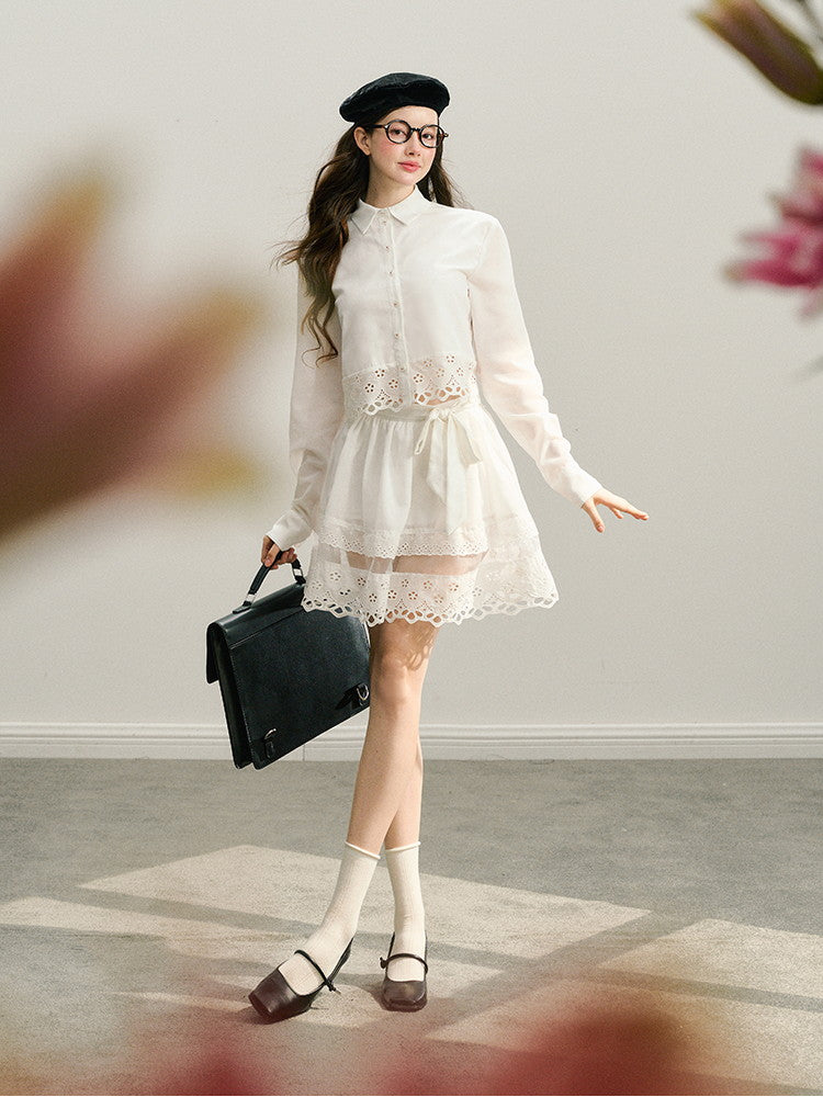 Set-Up Flower Punching Ribbon Clean Blouse&Skirt