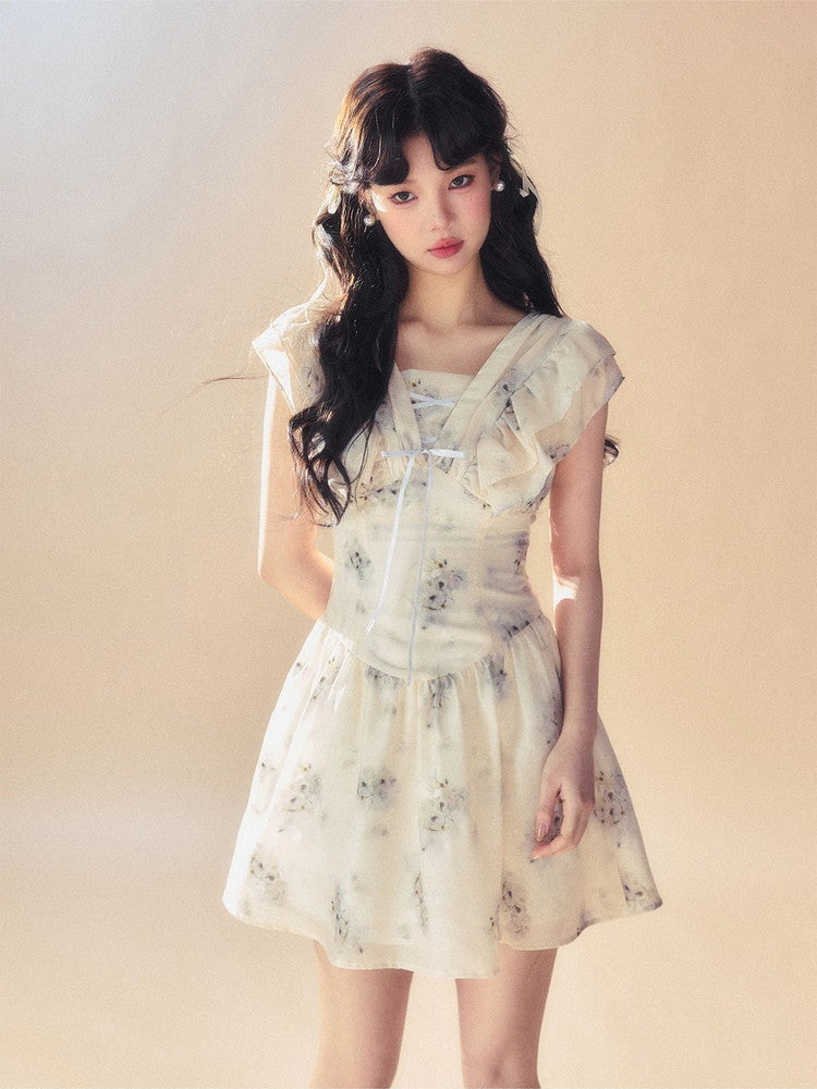Flower Lace-Up Flower Frill Ceminine Short Dress
