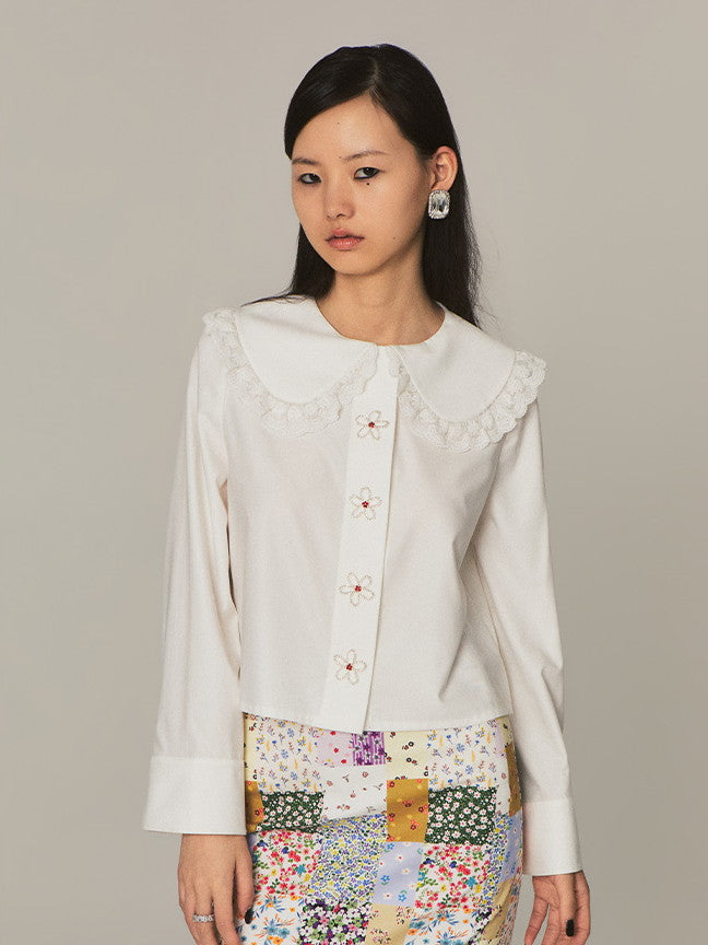 Frill-Collar Flower Girly Cute Beads Blouse