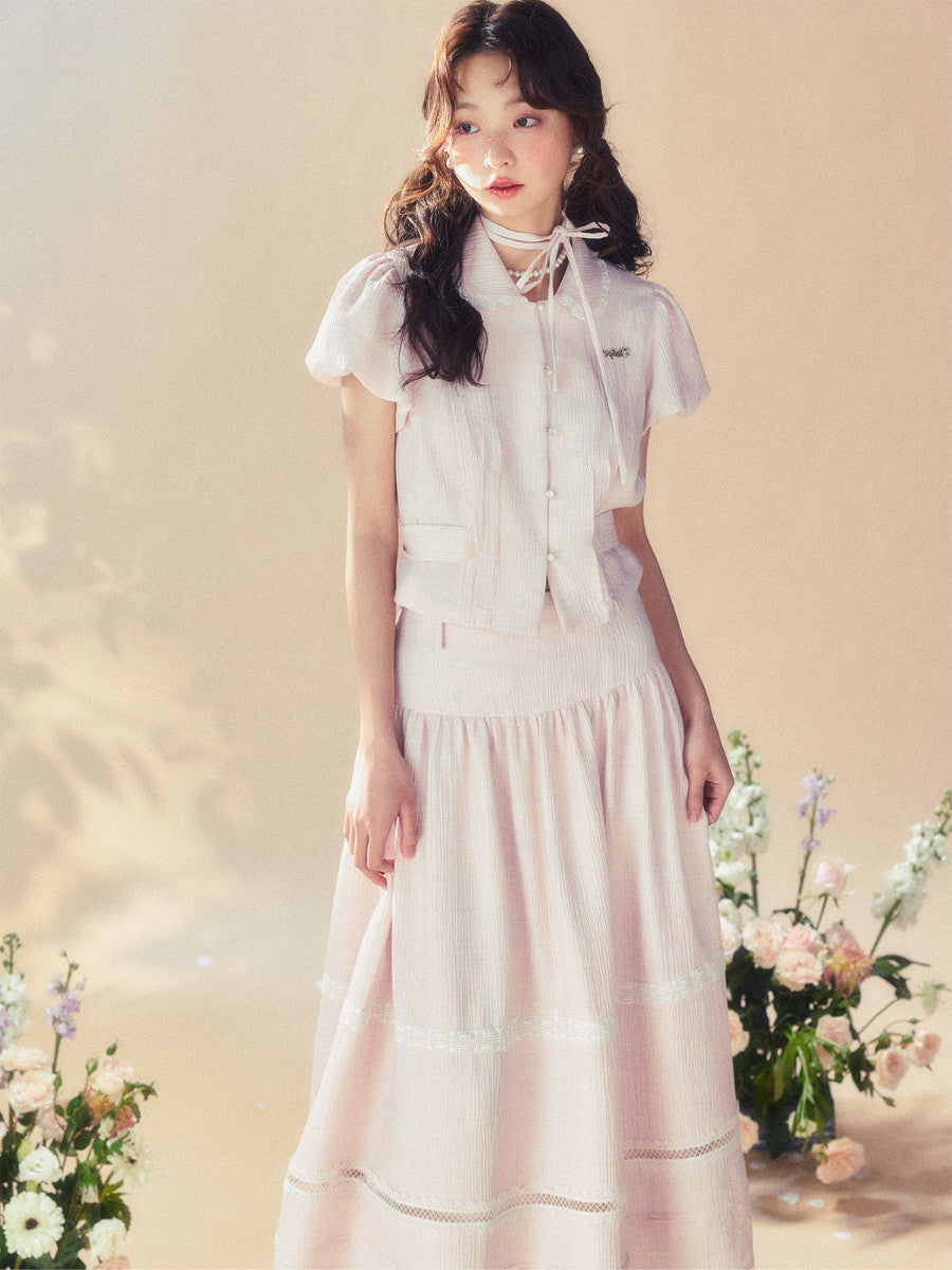 Femineine Puff-Ärmeln Back-Ribbon Spitze Retro Bluse Bluse & Long-Rocke