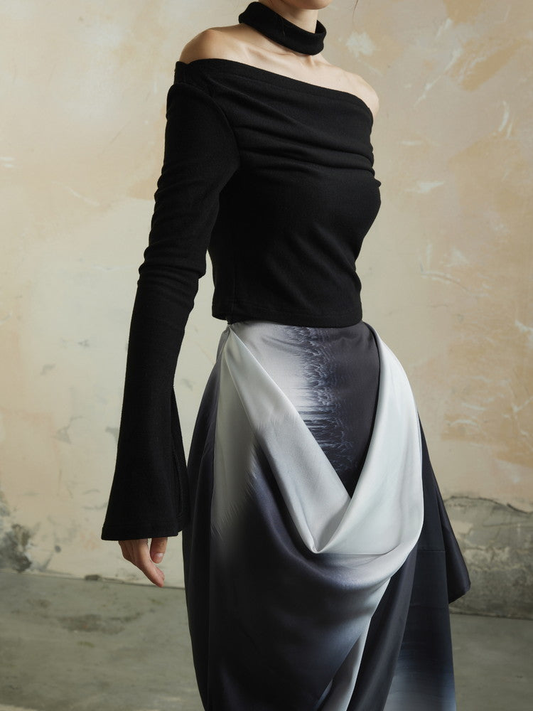 Gradation Off-Shoulder Nichi Velvet Flare-Sleeve Tops