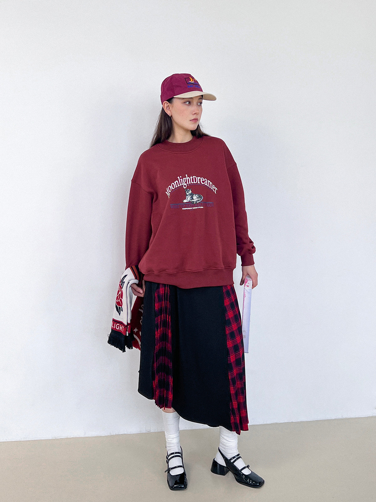 고양이 땀 로고 크루 넥 레드 풀버