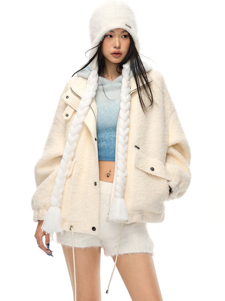 Mohair-Knit Casual Fluffily Hoodie Parka&Short-Pants
