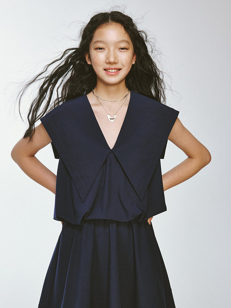 Sailor-Collar Big-Collar V-Neck Loose No-Sleeve Short Chic One-Piece