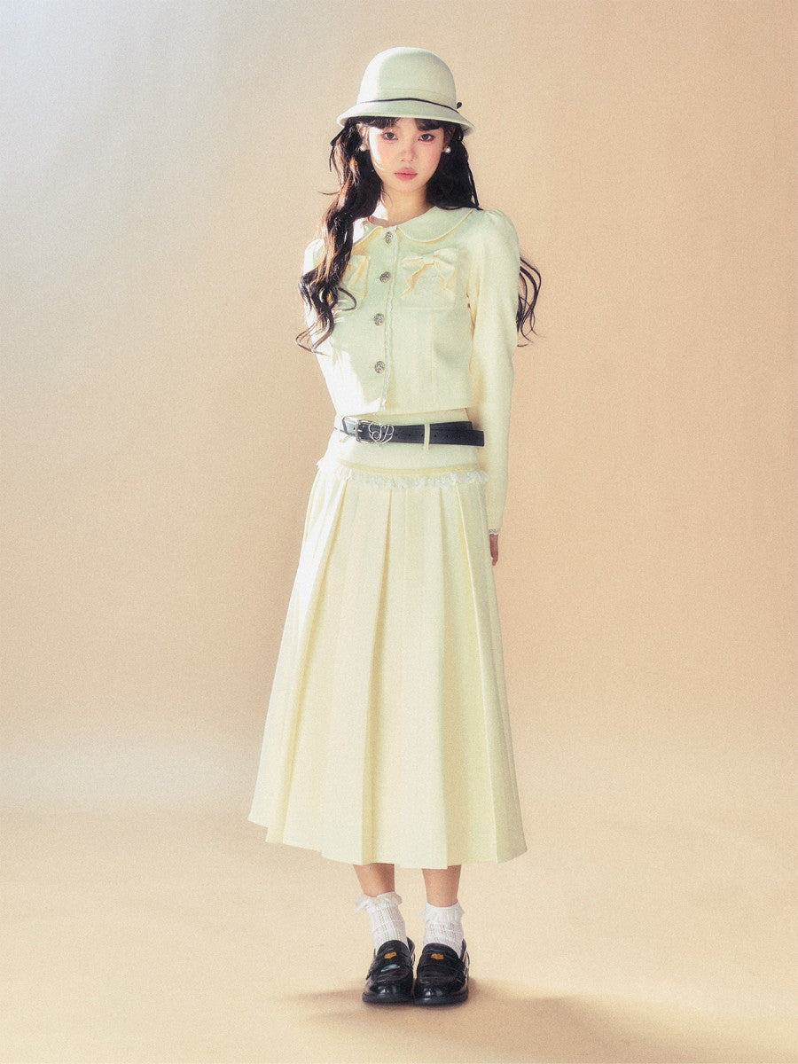 Set-Up Ribbon Feminine Lace Chic Jacket&Long-Skirt