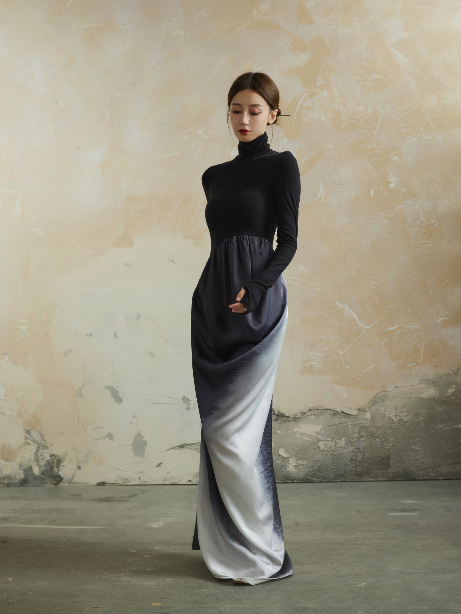 Knit Gradation Drape High-Neck Mix Elegant One-Piece
