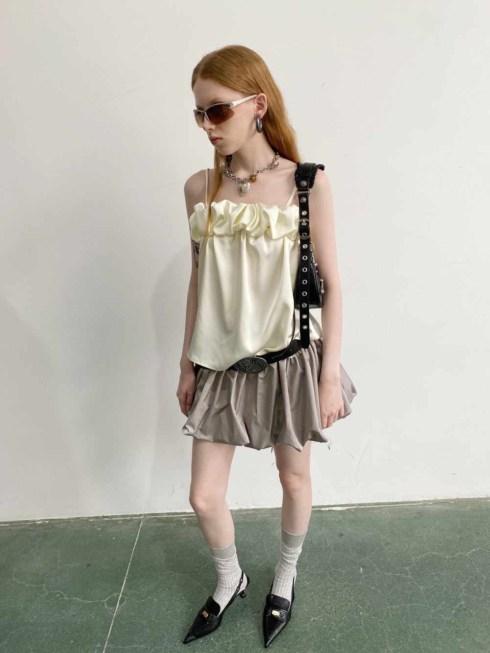 Leather Glossy Volume Camisole&Half-Pants