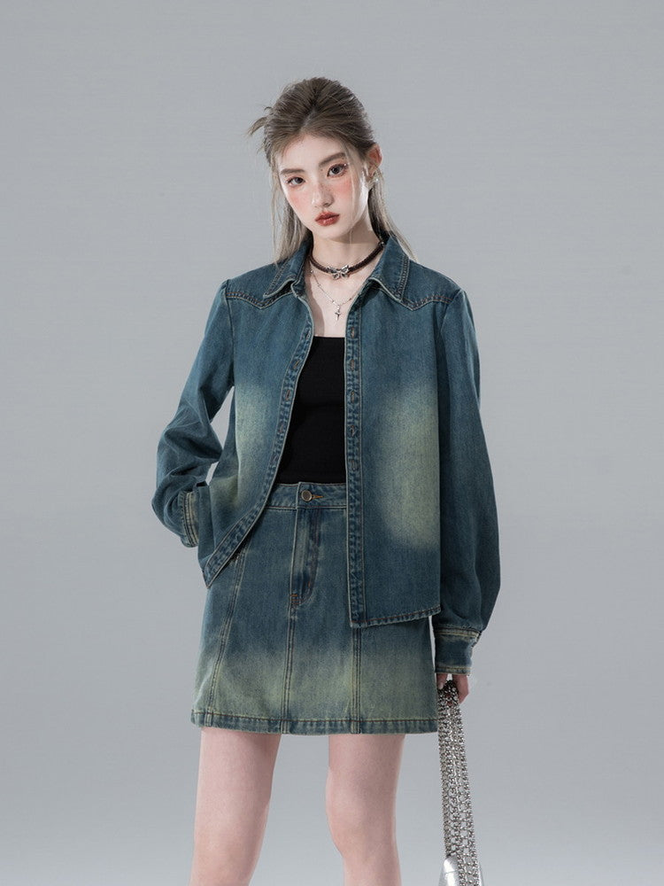 Shirt&Mini-Skirt Denim Gradation Casual Set-Up