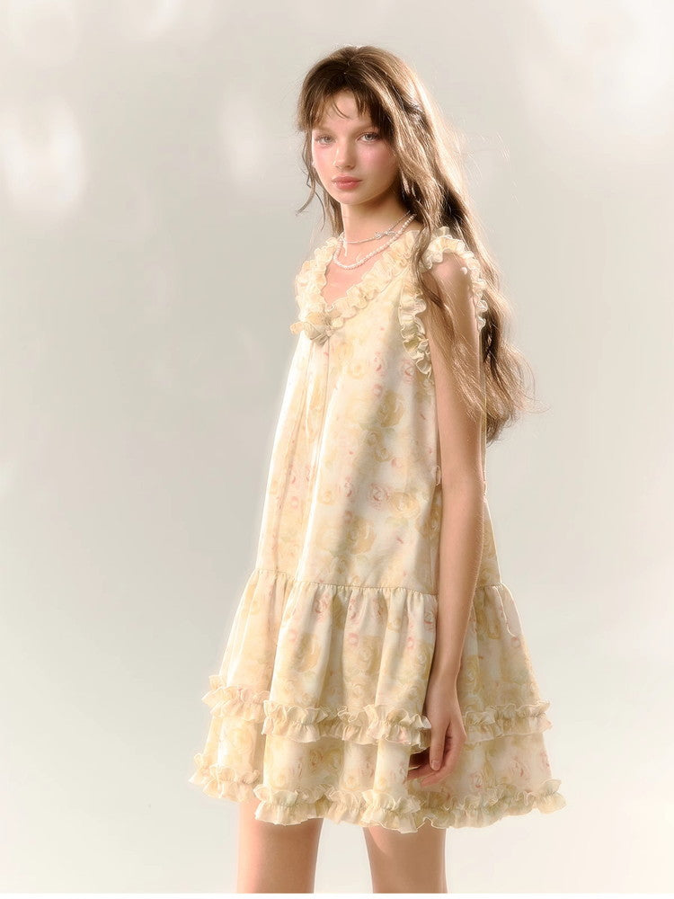 Flower Rose Frill No-Sleeve Sweet Dress