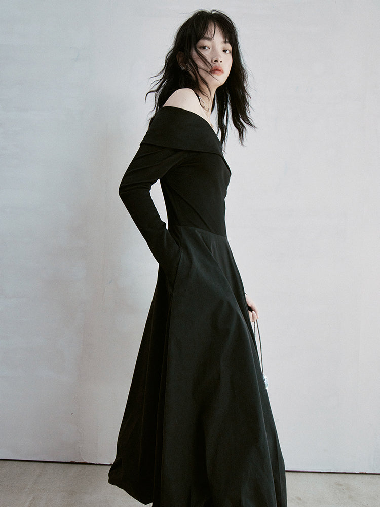 풍선 오프숄더 플레인 롱 원피스