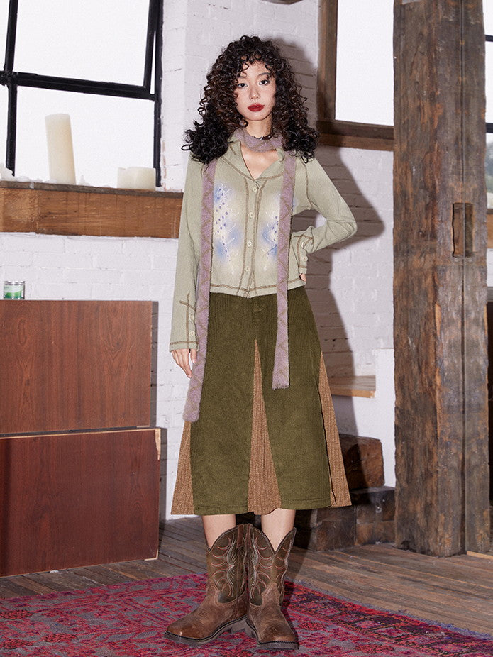 Corduroy Patchwork Flare Retro Simpe Long-Skirt