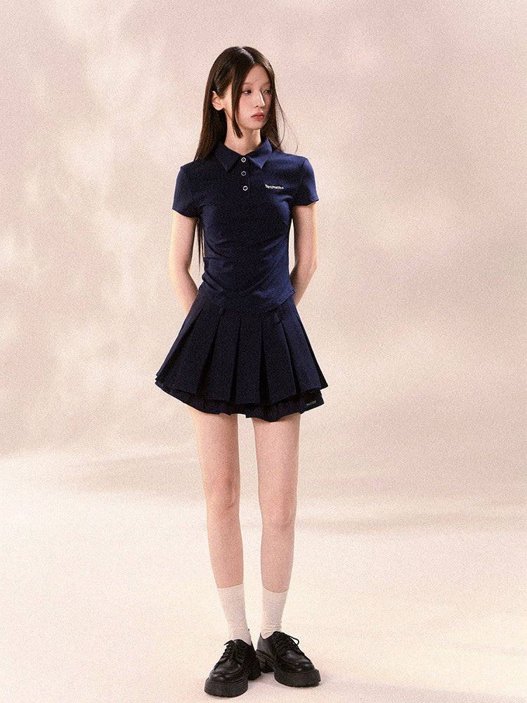 Set-Up Sports Casual Simple Pleats Polo-Shirt&Mini-Skirt