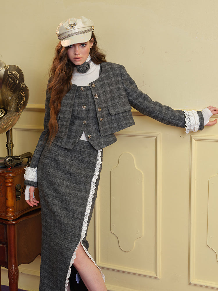 Tweed Lace Feminine Cute Jacket&Vest&Mini-Skirt&Long-Skirt