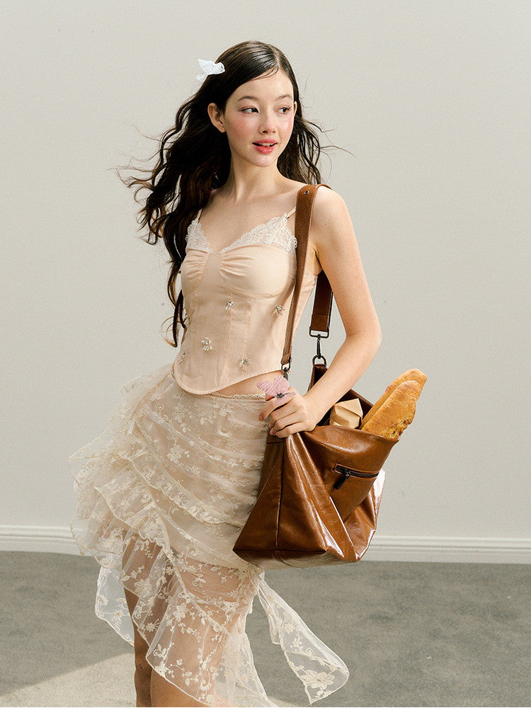 Lace Asymmetry Flower Elegant Feminine Skirt