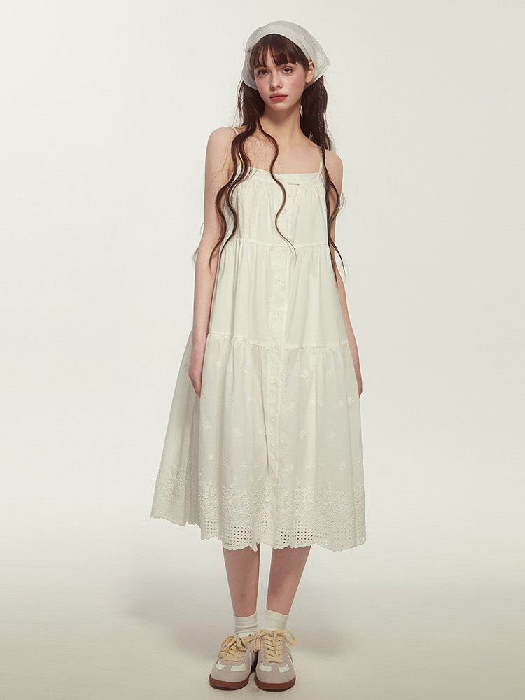 Camisole Lace Stripe Flare Button Layered Casual Dress