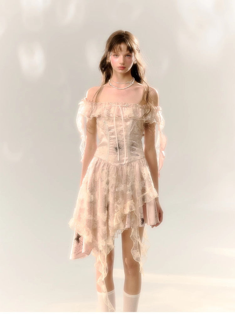 Fairy Lace Frill Off-Shoulder Sweet Asymmetry Dress