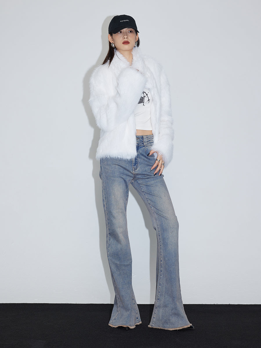 스탠드 콜라 고급 고급 푸른 털 자켓