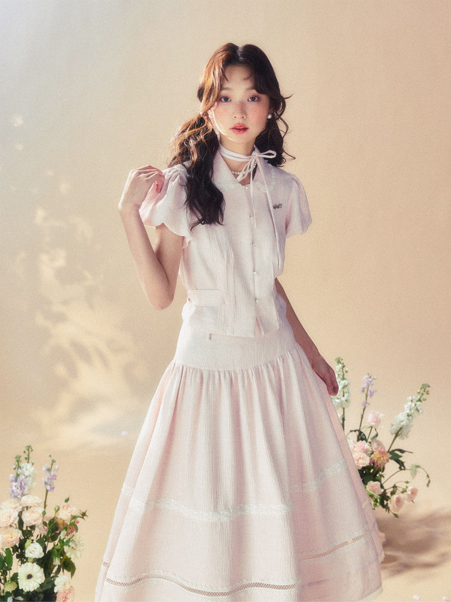 Femineine Puff-Ärmeln Back-Ribbon Spitze Retro Bluse Bluse & Long-Rocke