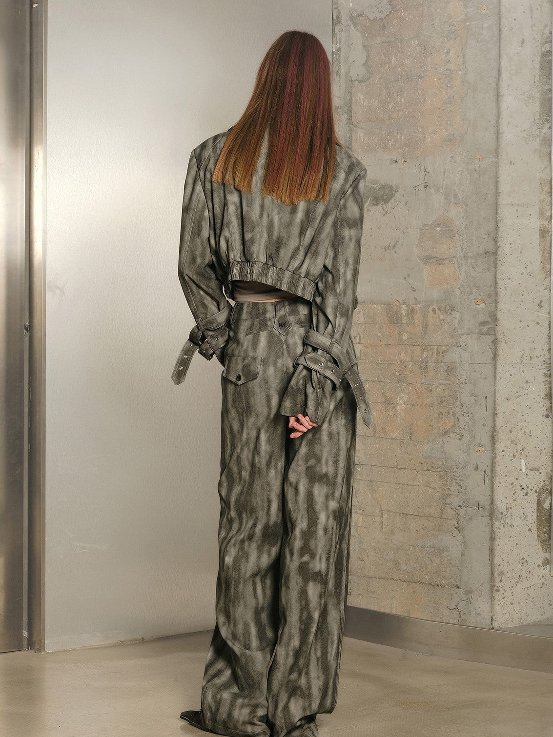 Set-Up Tie-Dye Leather Pocket Vintage Jacket&Loose-Pants
