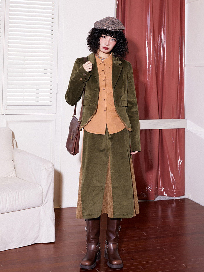 Corduroy Patchwork Flare Retro Simpe Long-Skirt