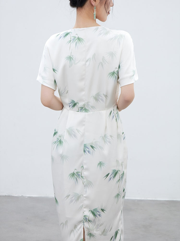 Water-Color Banboo Japanese-Style Retro Long One-Piece